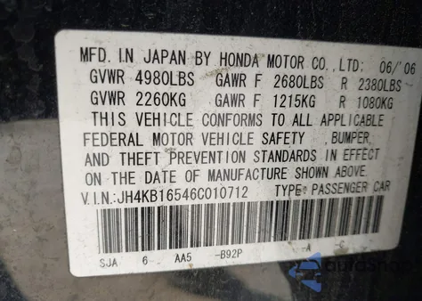 2006 Acura Rl z USA, uszkodzony, nr VIN JH4KB16546C010712